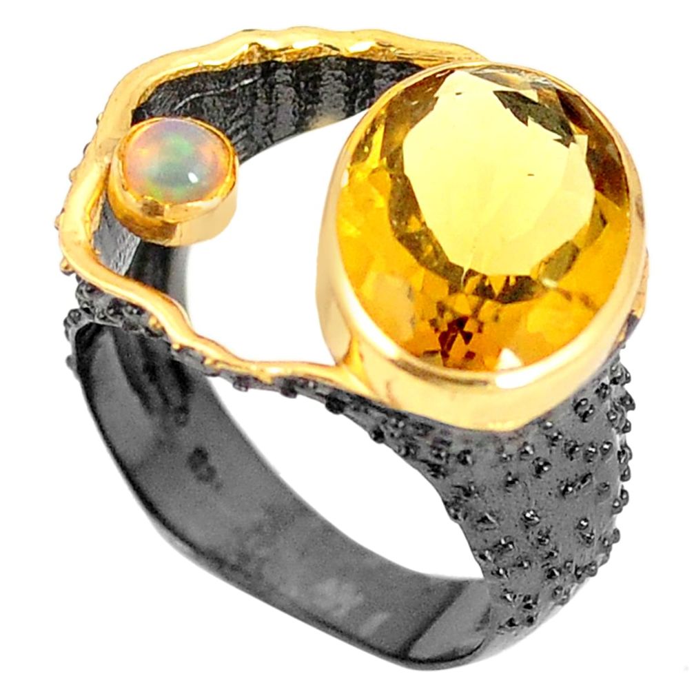 Natural yellow citrine black rhodium 925 silver 14k gold ring size 7 m38709