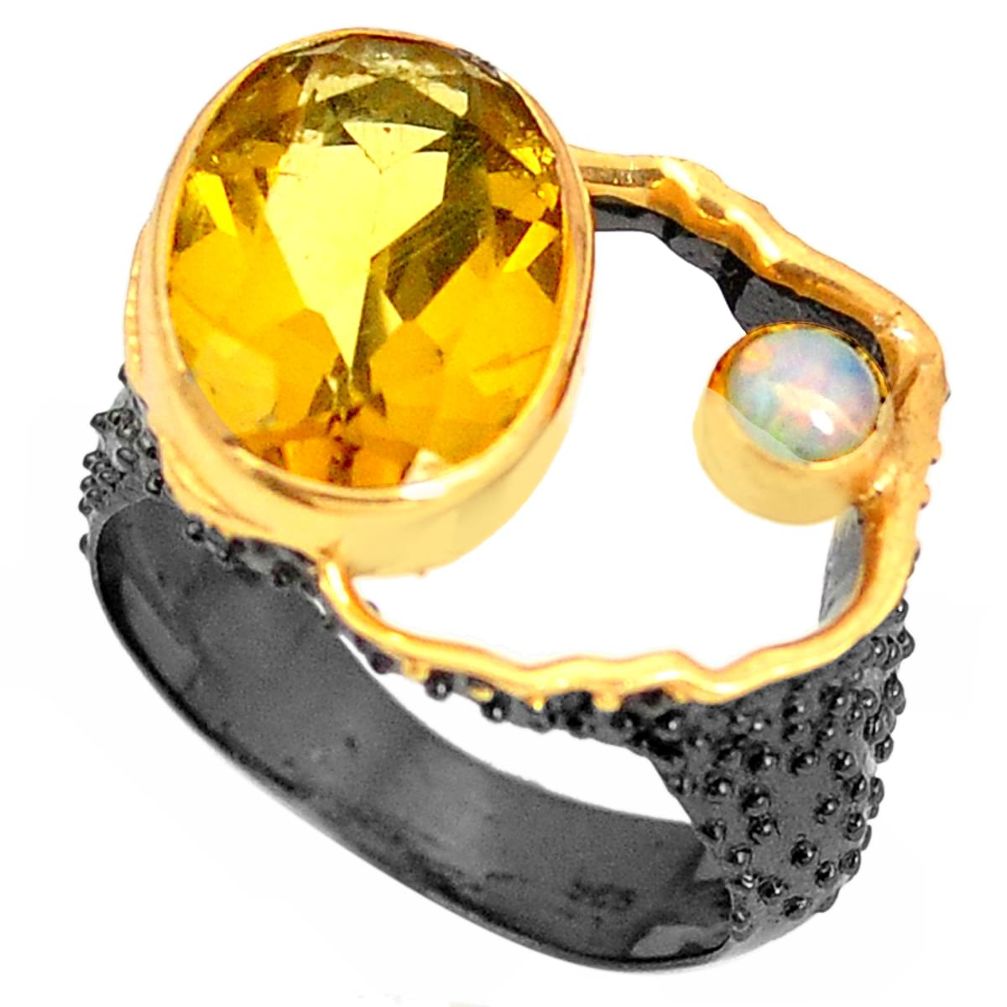 925 silver natural yellow citrine black rhodium 14k gold ring size 7.5 m38714