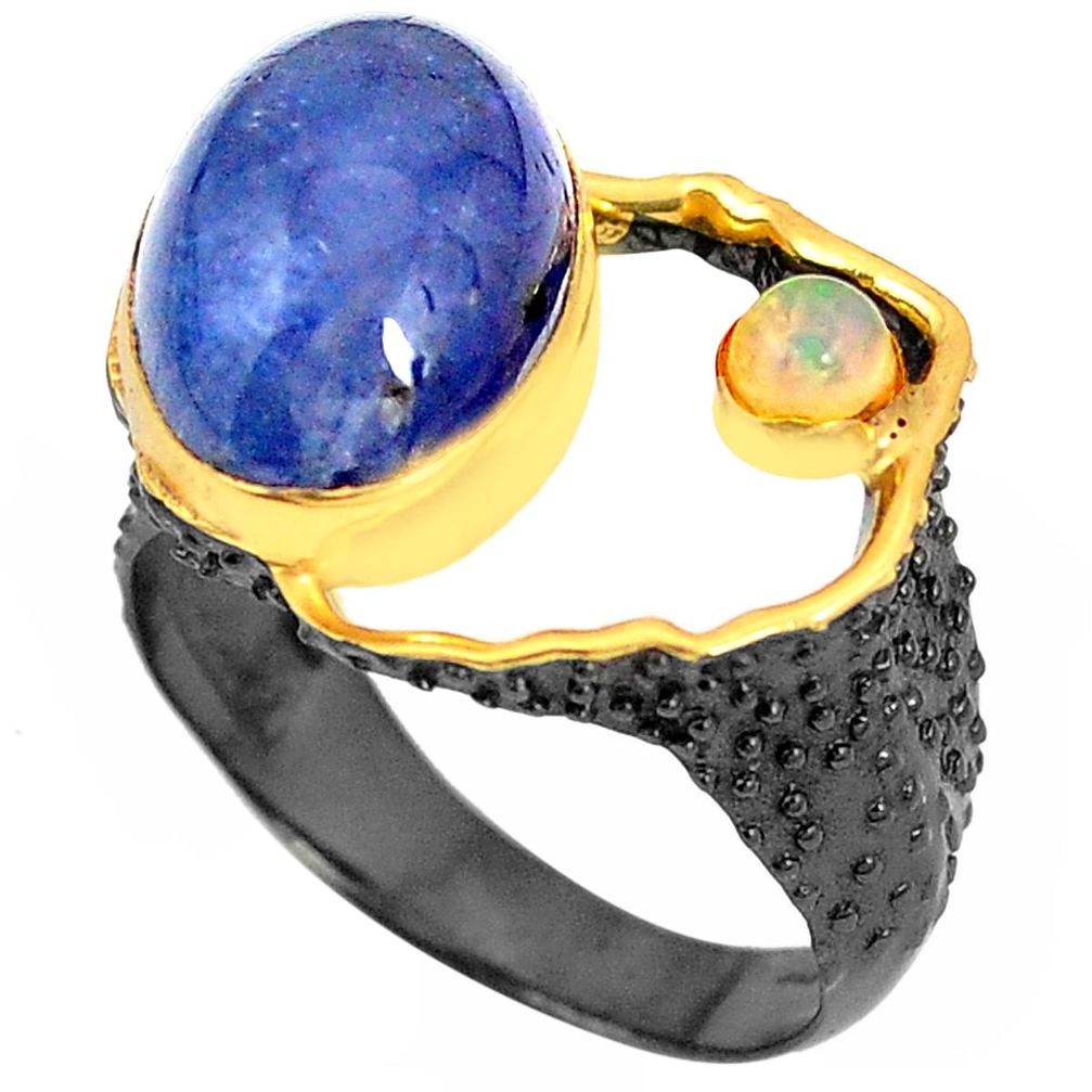 Natural blue tanzanite black rhodium 925 silver 14k gold ring size 9 m38716