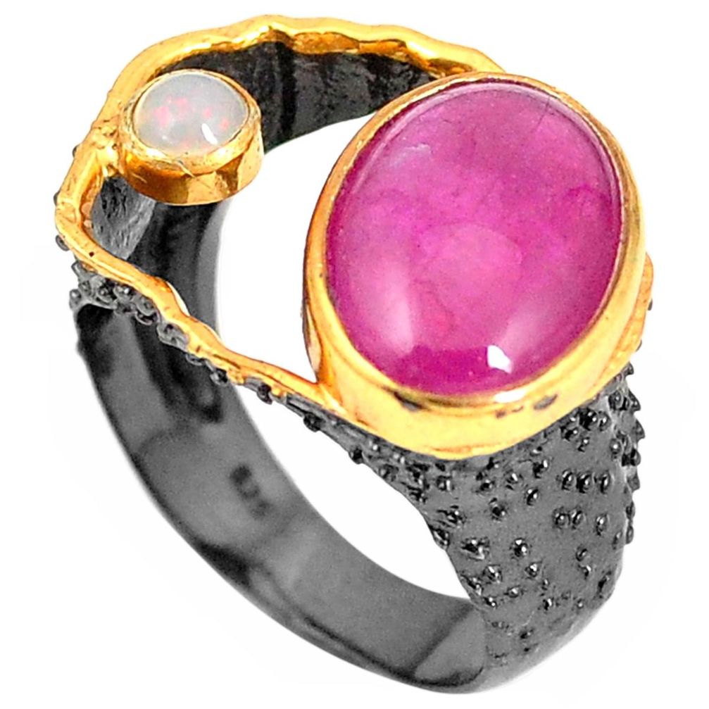 Natural red ruby ethiopian opal rhodium 925 silver 14k gold ring size 7.5 m38719