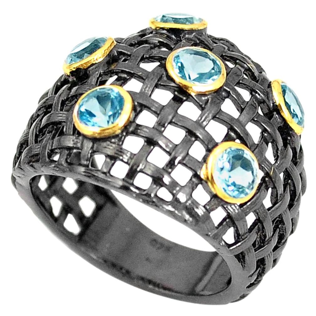 Natural blue topaz rhodium 925 sterling silver 14k gold ring size 8 m38728