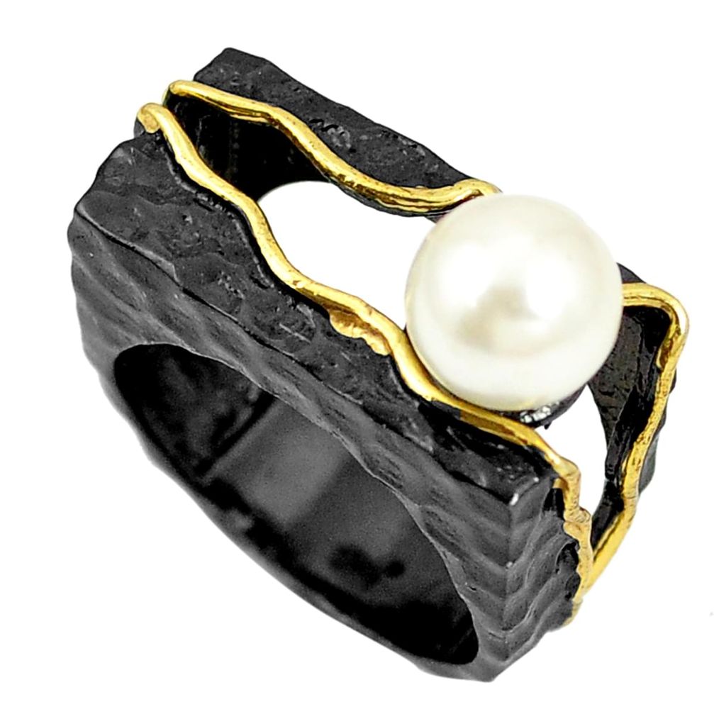 Natural white pearl rhodium 925 sterling silver 14k gold ring size 6.5 m38787