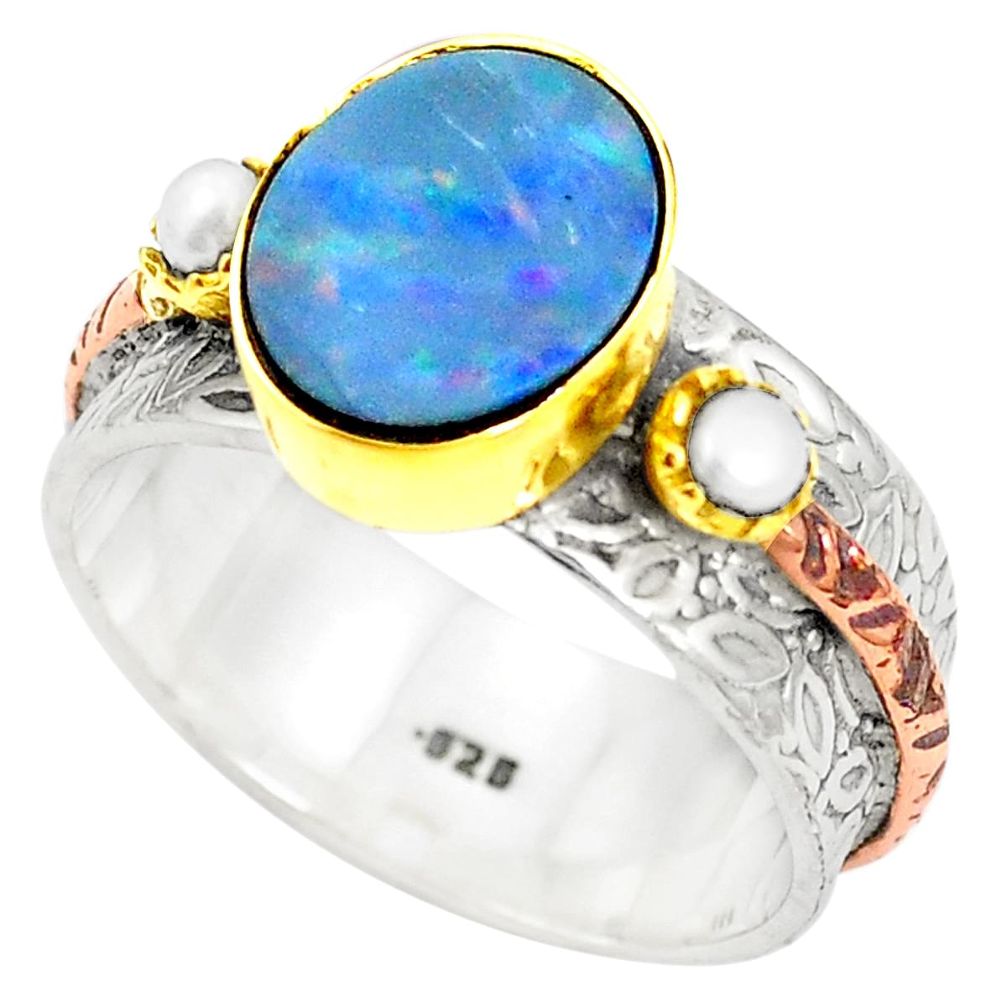 Natural blue doublet opal australian 925 silver gold two tone ring size 7 m39606