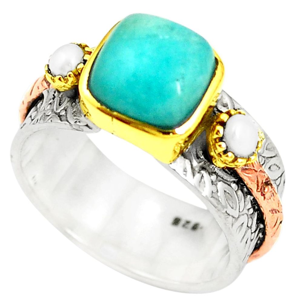 Natural green peruvian amazonite 925 silver 14k gold two tone ring size 7 m39616