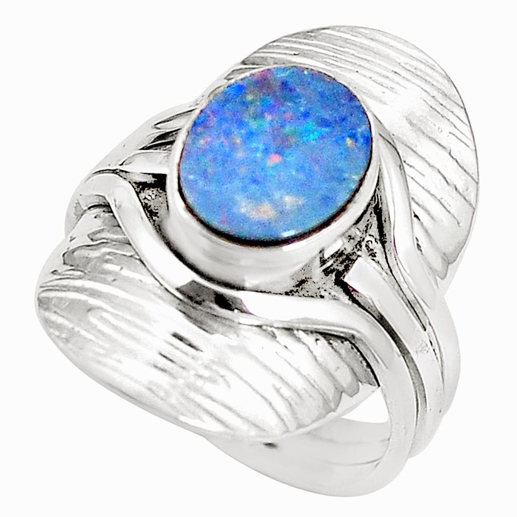 Natural blue doublet opal australian 925 silver ring size 7 m39674