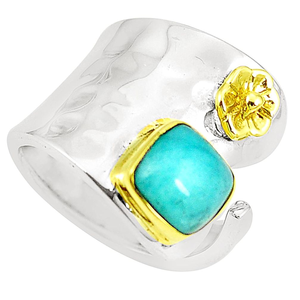 Natural peruvian amazonite 925 silver two tone adjustable ring size 6 m39702