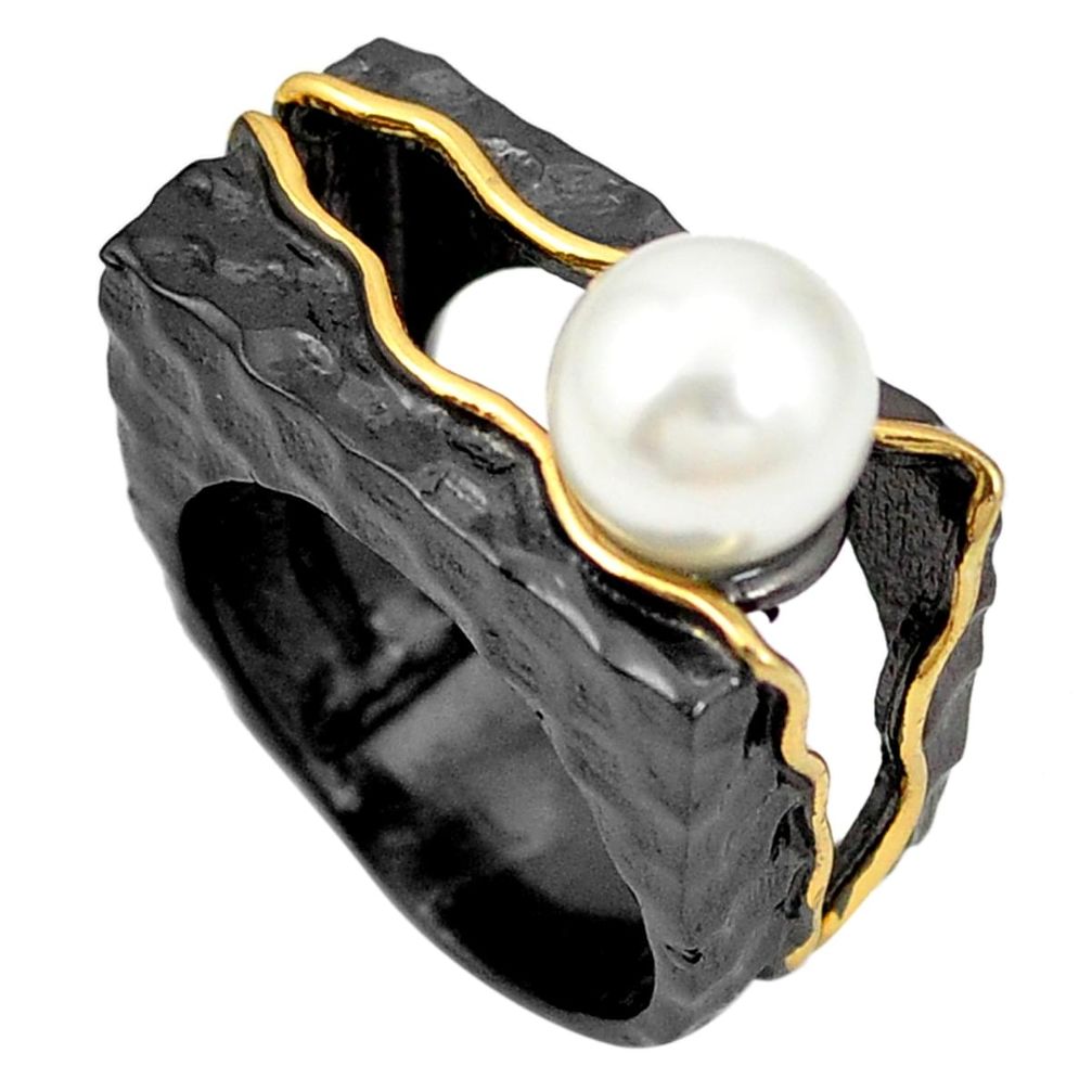 Natural white pearl rhodium 925 sterling silver 14k gold ring size 6.5 m44602