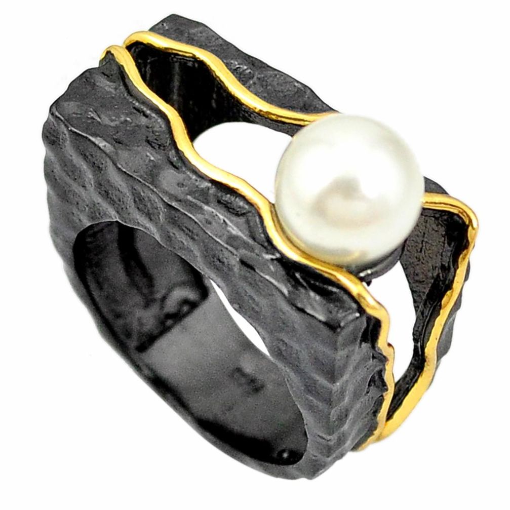 Natural white pearl rhodium 925 sterling silver 14k gold ring size 6 m44606