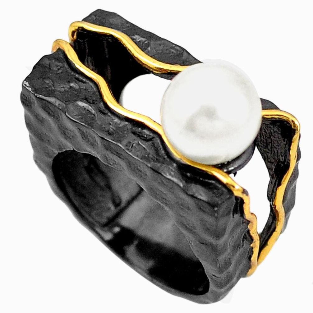 Natural white pearl rhodium 925 sterling silver 14k gold ring size 6 m44607