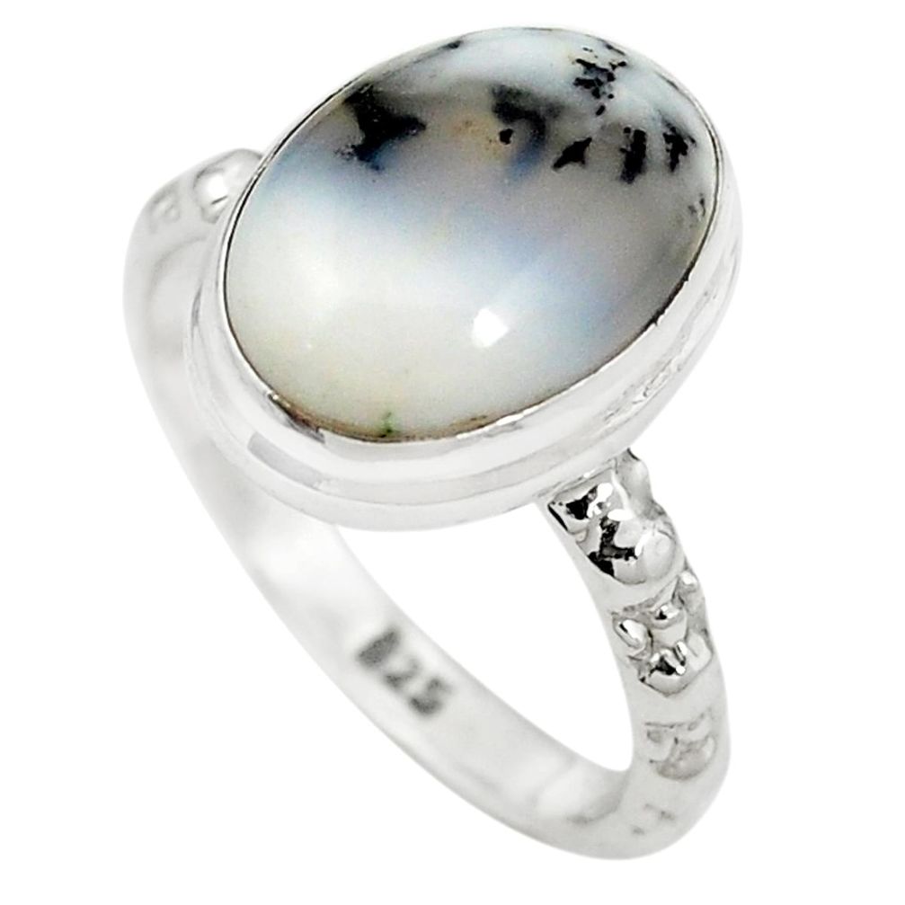 Natural white dendrite opal (merlinite) 925 silver ring jewelry size 8 m46458