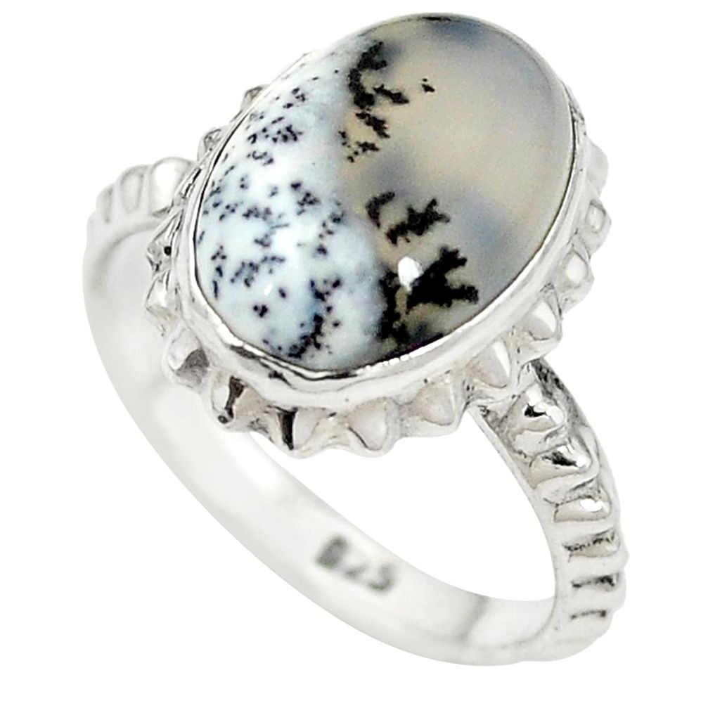 Natural white dendrite opal (merlinite) 925 silver ring jewelry size 7.5 m46508