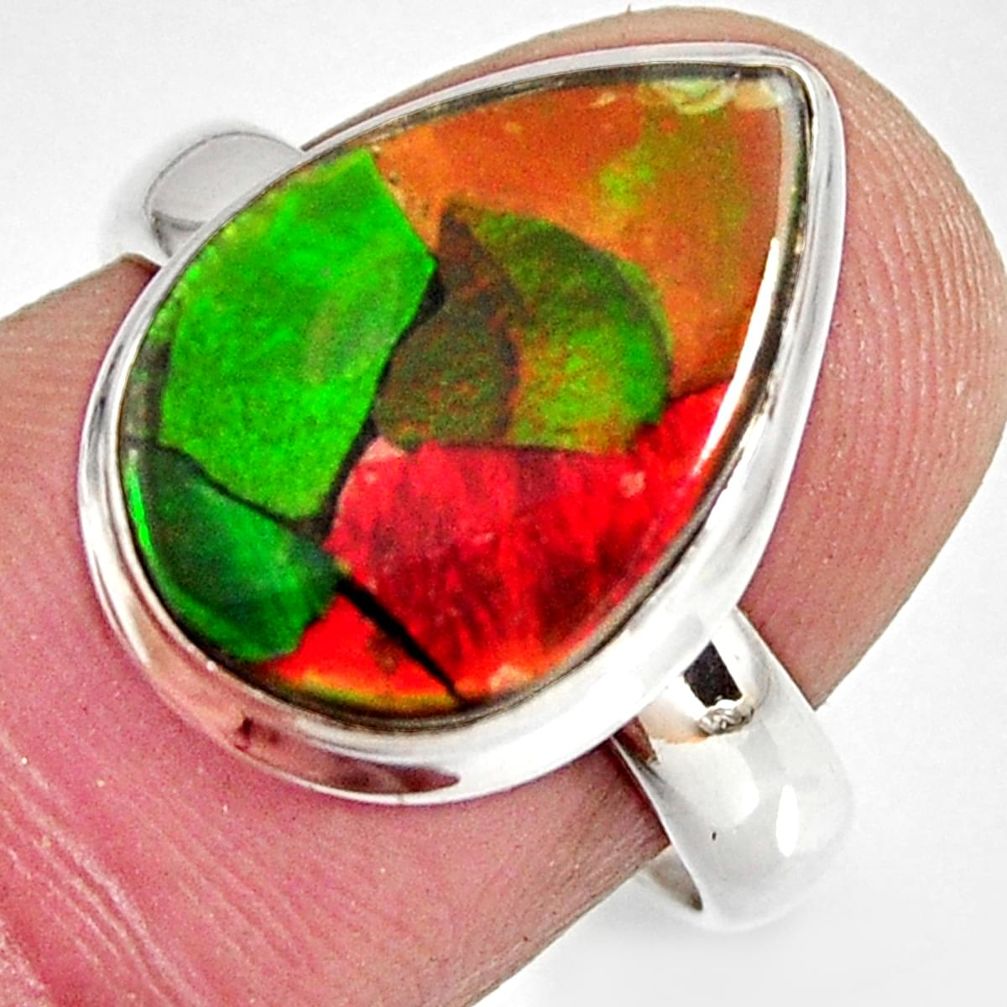 8.44cts natural ammolite triplets pear 925 silver solitaire ring size 7.5 r10312