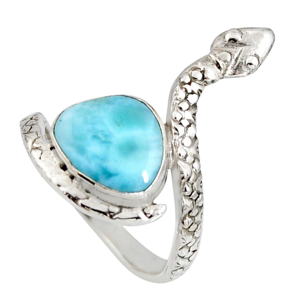 925 silver 4.22cts natural blue larimar solitaire snake ring size 7 r10353
