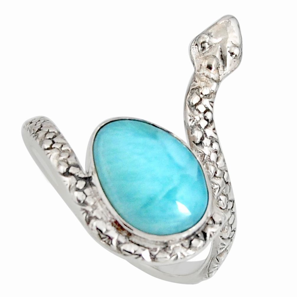 4.74cts natural blue larimar 925 silver solitaire snake ring size 9 r10358