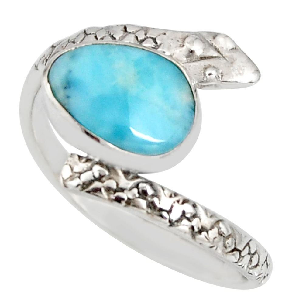 925 silver 3.50cts natural blue larimar solitaire snake ring size 9 r10360