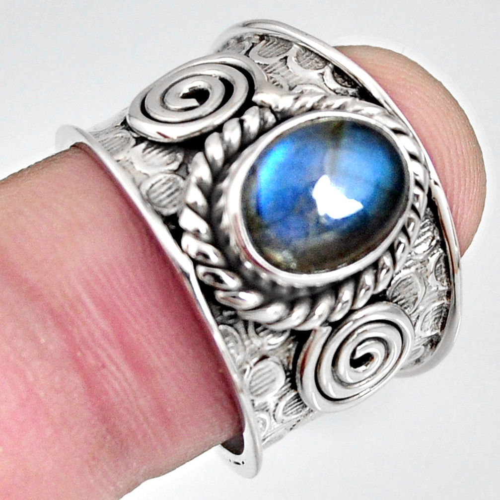 925 silver 3.39cts natural blue labradorite oval solitaire ring size 7.5 r10540