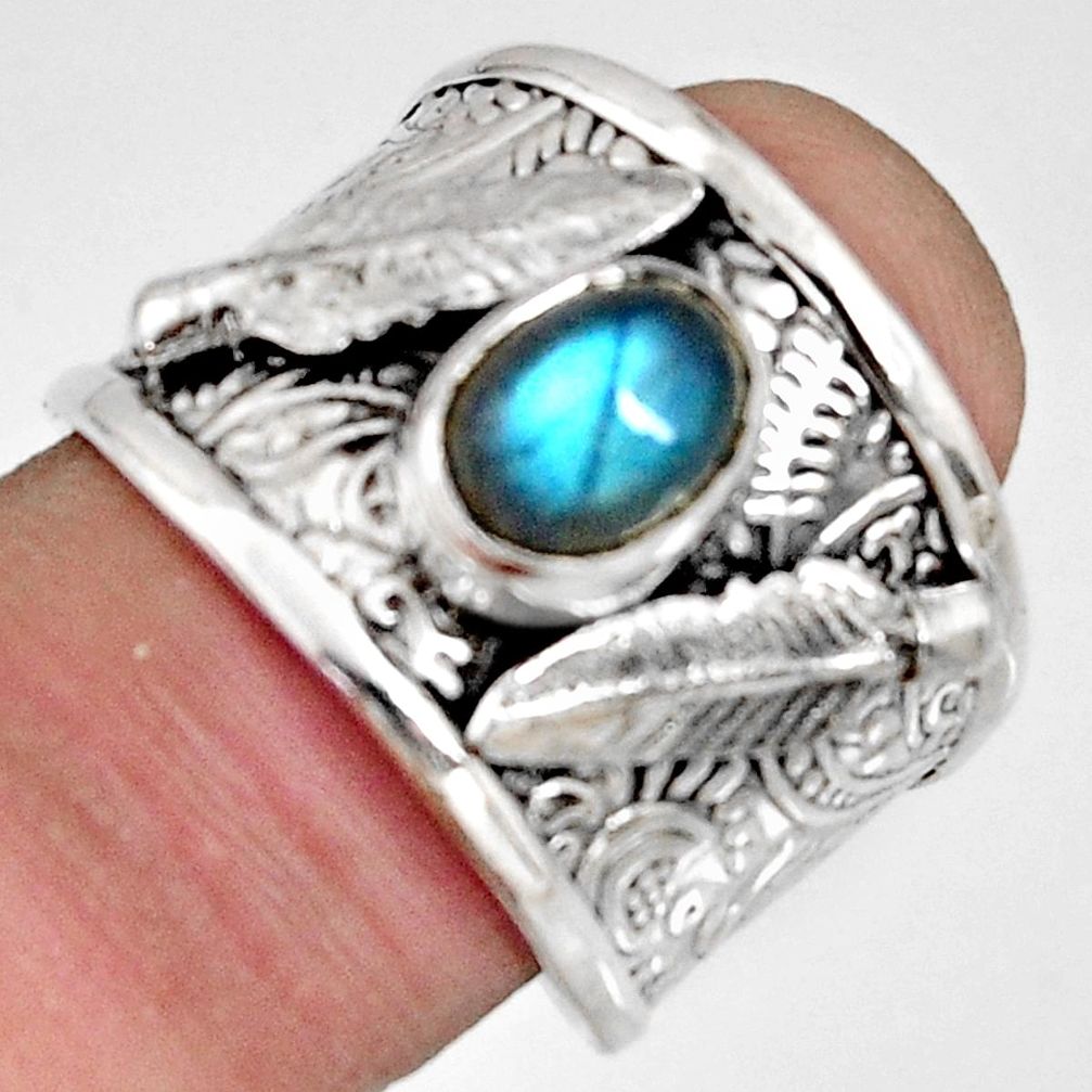2.19cts natural blue labradorite 925 silver solitaire feather ring size 8 r10661