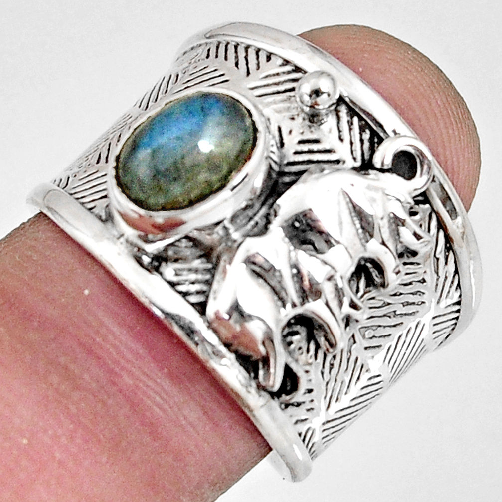 1.94cts natural labradorite 925 silver elephant solitaire ring size 7.5 r10668