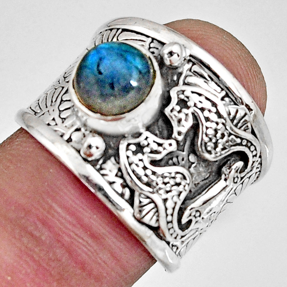 925 silver 2.59cts natural labradorite seahorse solitaire ring size 6.5 r10677