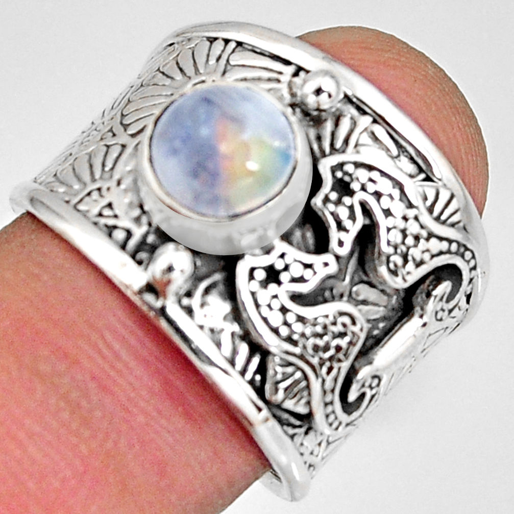 2.50cts natural rainbow moonstone silver seahorse solitaire ring size 7.5 r10689