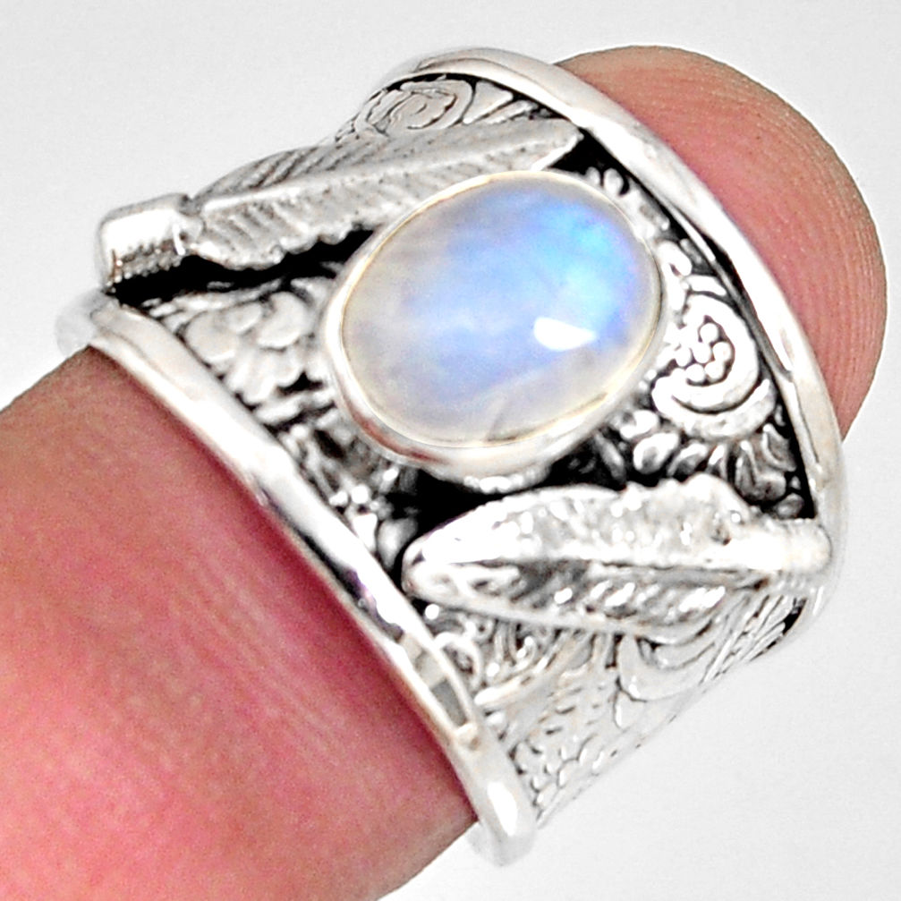 3.28cts natural rainbow moonstone silver feather solitaire fing size 6.5 r10700