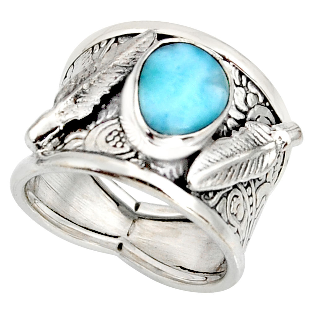 925 silver 3.12cts natural blue larimar feather solitaire ring size 6.5 r10716