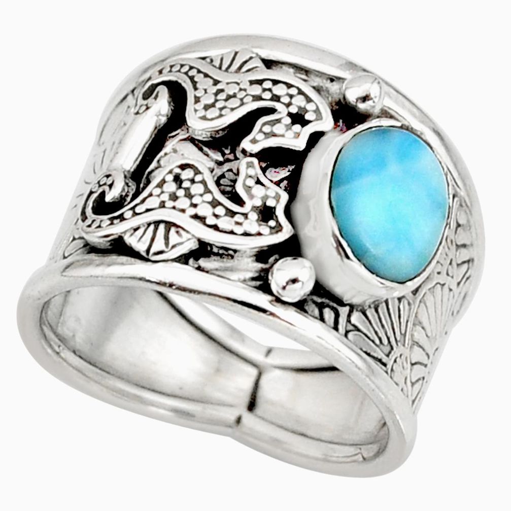 2.34cts natural blue larimar 925 silver seahorse solitaire ring size 7.5 r10729