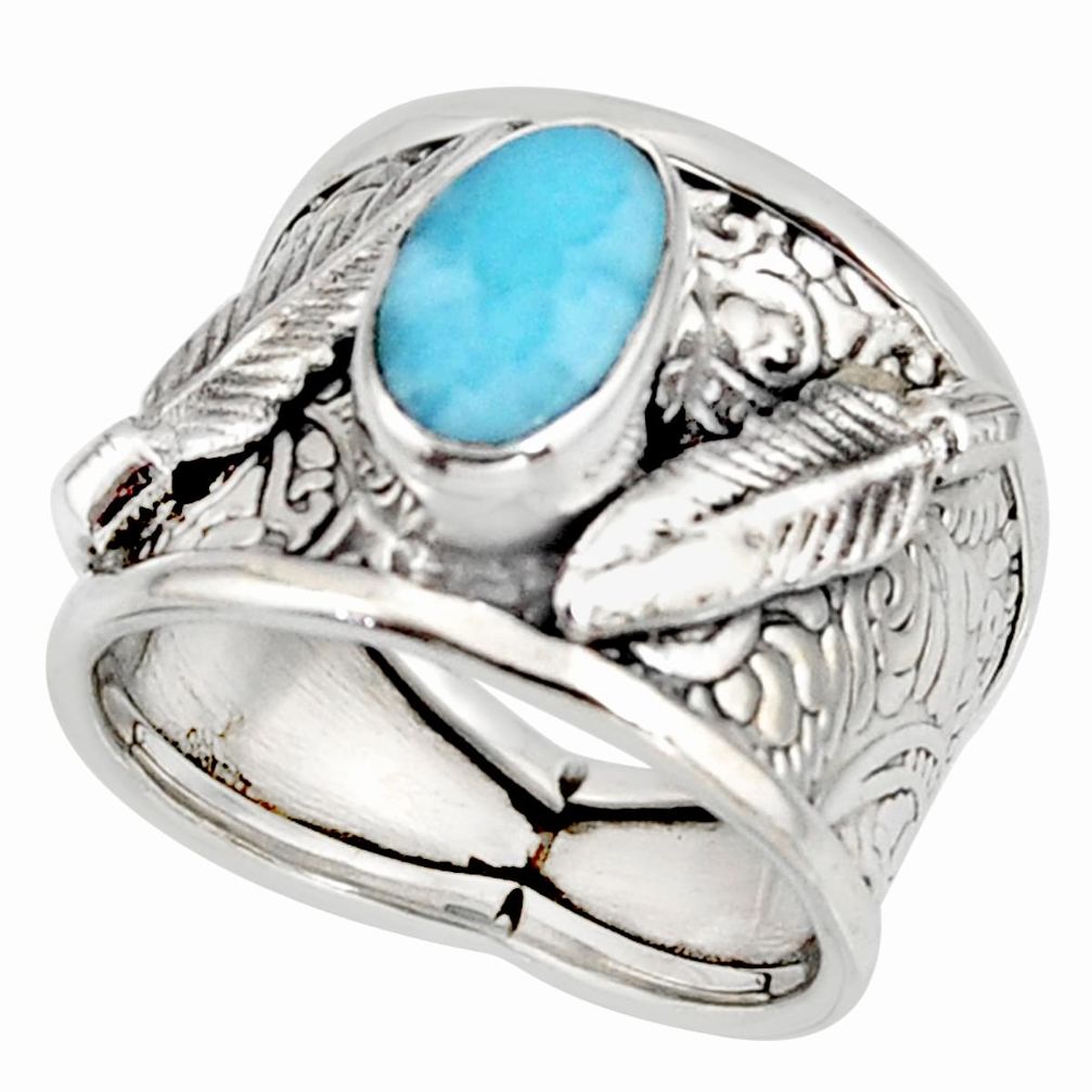 3.13cts natural blue larimar 925 silver feather solitaire ring size 6.5 r10731