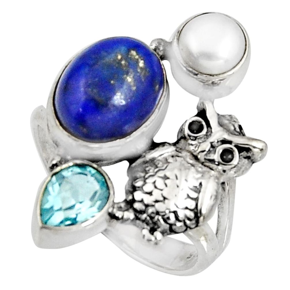 6.89cts natural blue lapis lazuli topaz pearl silver owl ring size 7.5 r10801