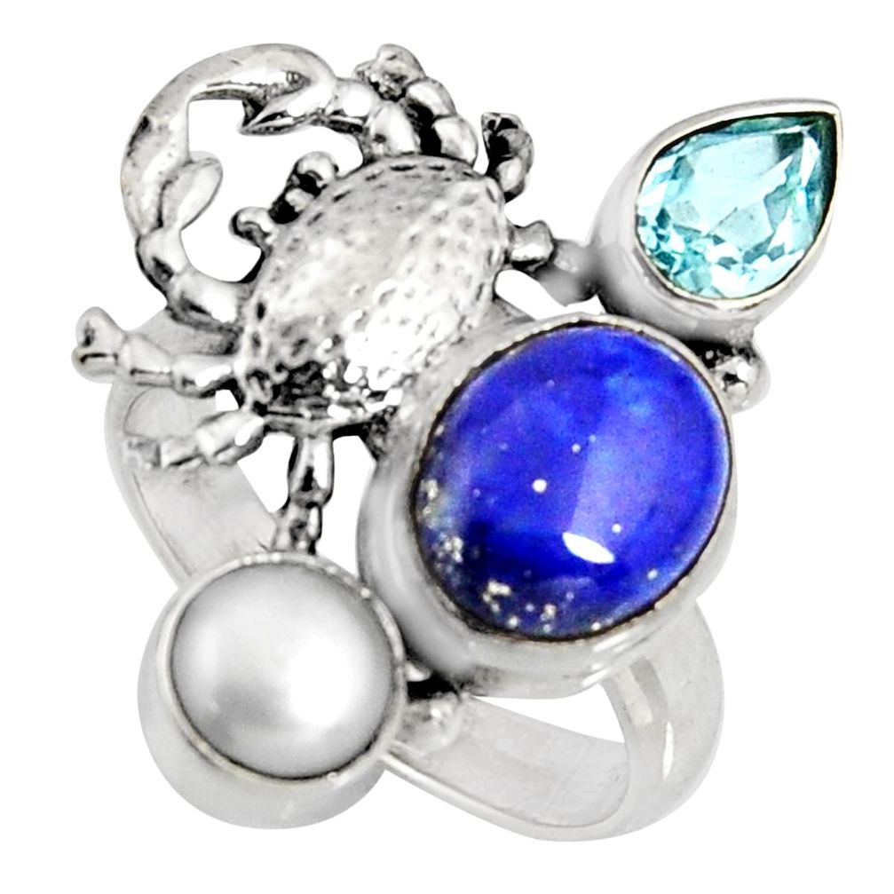 6.69cts natural blue lapis lazuli topaz pearl 925 silver crab ring size 7 r10806