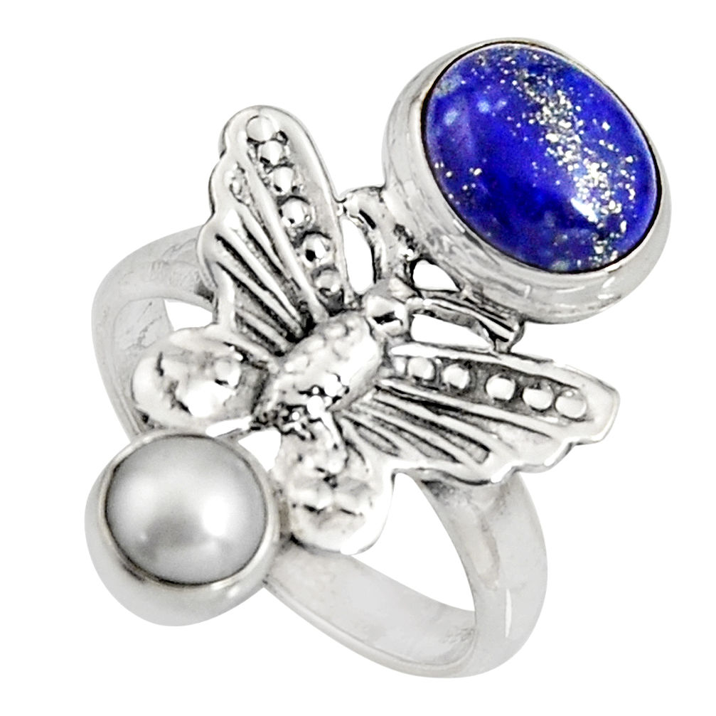 5.30cts natural blue lapis lazuli pearl 925 silver butterfly ring size 8 r10807