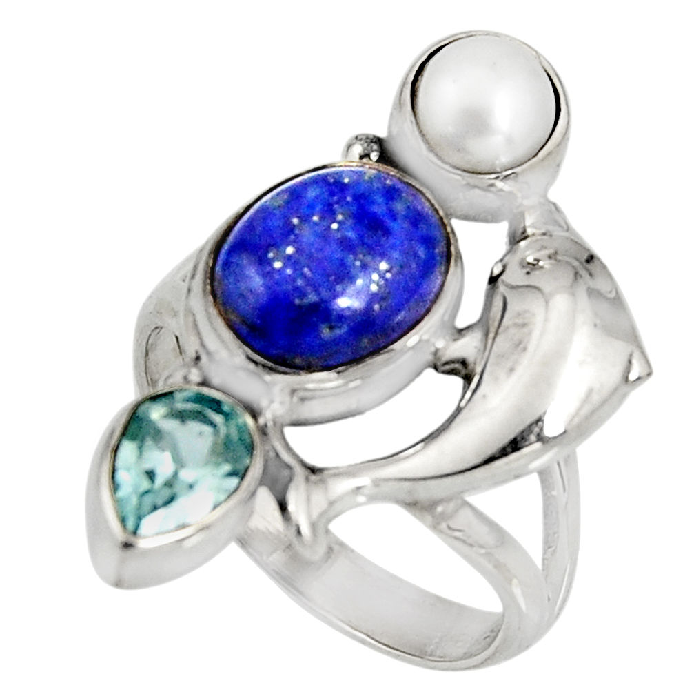 925 silver 7.23cts natural blue lapis lazuli topaz dolphin ring size 7.5 r10811