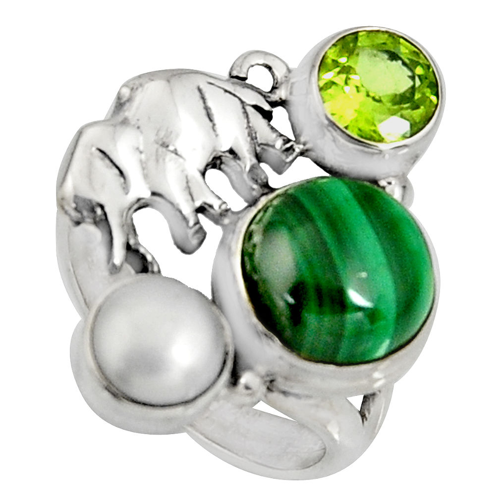 7.22cts natural green malachite pearl 925 silver elephant ring size 6 r10812