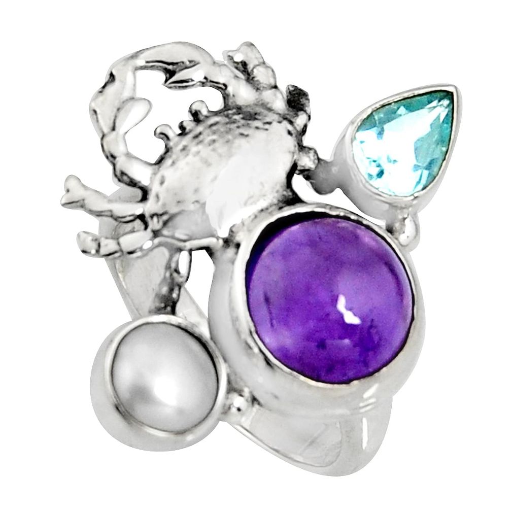 925 silver 6.67cts natural purple amethyst topaz pearl crab ring size 7 r10824