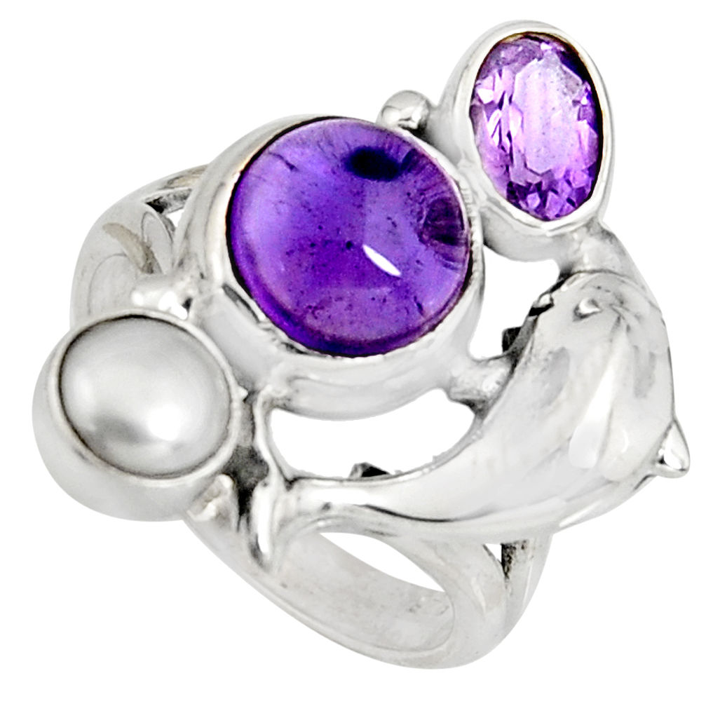 6.92cts natural purple amethyst pearl 925 silver dolphin ring size 7 r10826