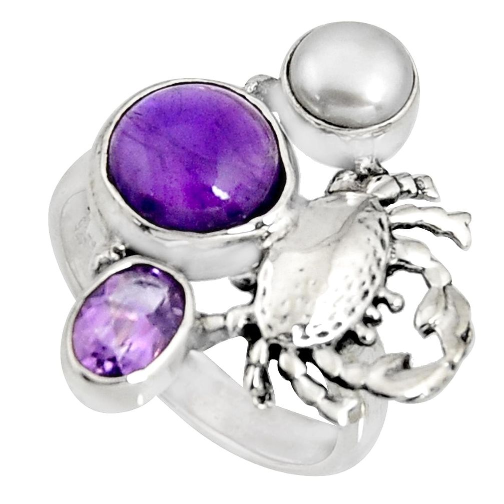 925 silver 6.76cts natural purple amethyst white pearl crab ring size 8.5 r10828