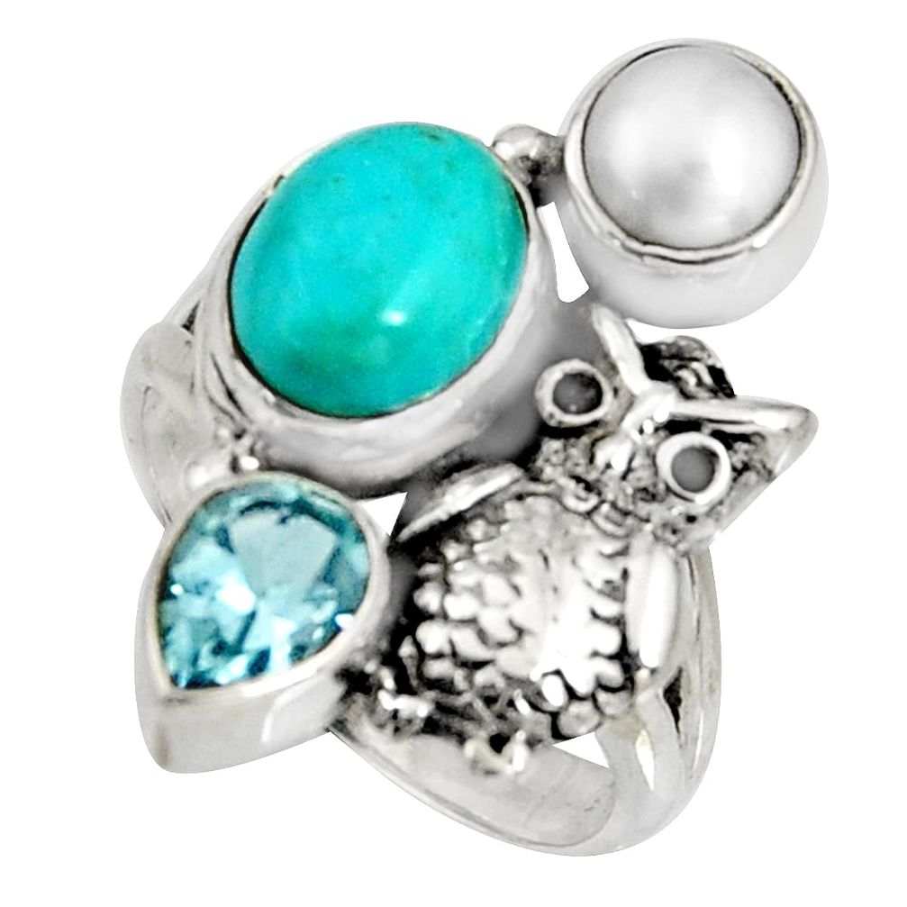 6.26cts blue arizona mohave turquoise topaz 925 silver owl ring size 6 r10839