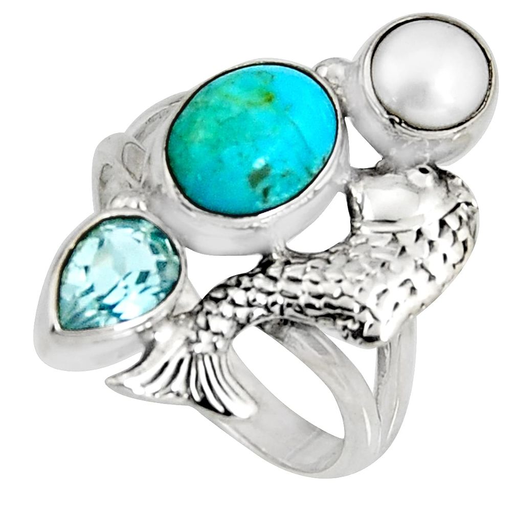 925 silver 6.31cts blue arizona mohave turquoise topaz fish ring size 8 r10840