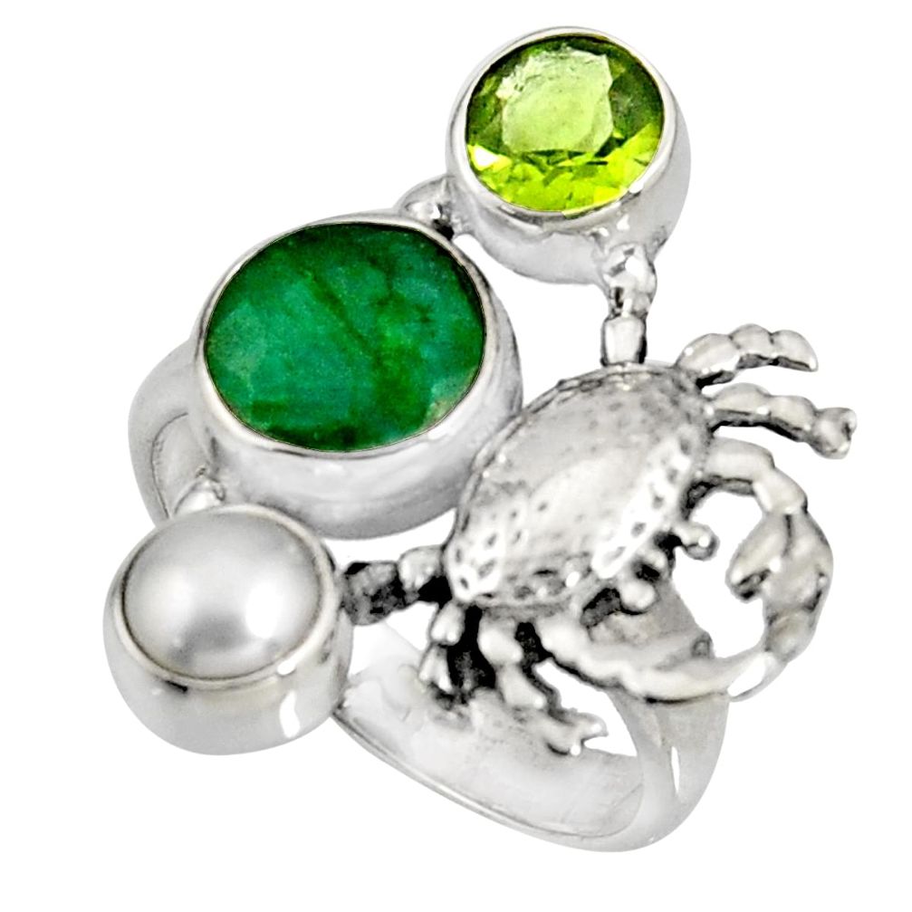 5.35cts natural green emerald peridot pearl 925 silver crab ring size 7.5 r10842
