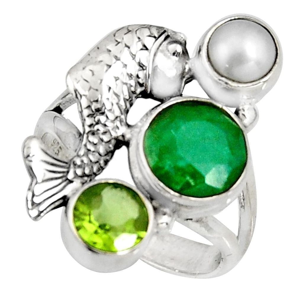 4.82cts natural green emerald peridot pearl 925 silver fish ring size 7 r10844