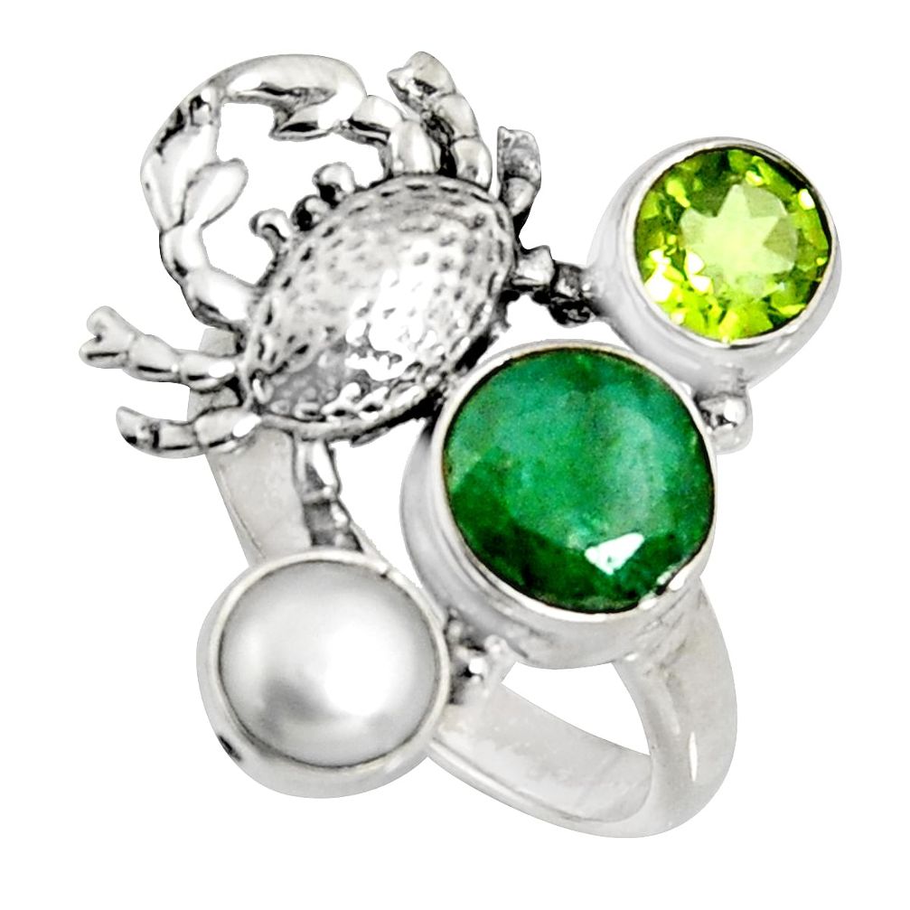 5.18cts natural green emerald peridot pearl 925 silver crab ring size 7 r10845