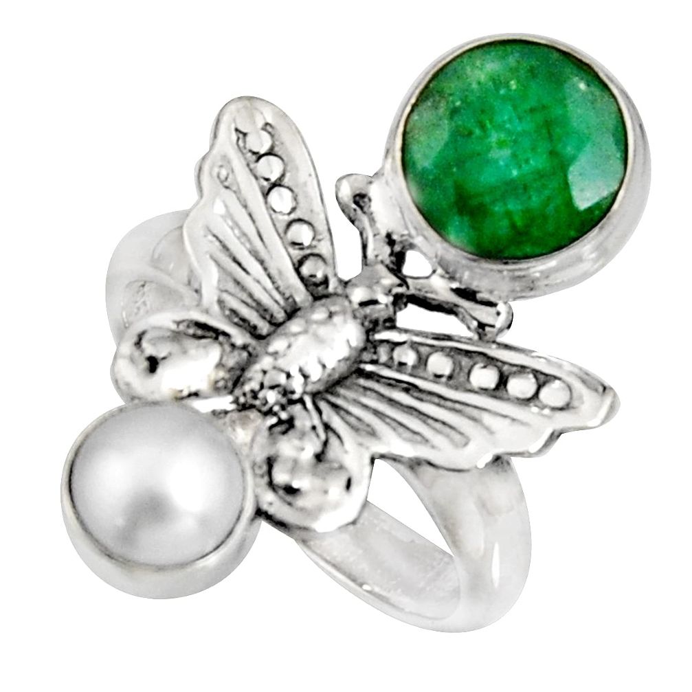 4.38cts natural green emerald pearl 925 silver butterfly ring size 7 r10846