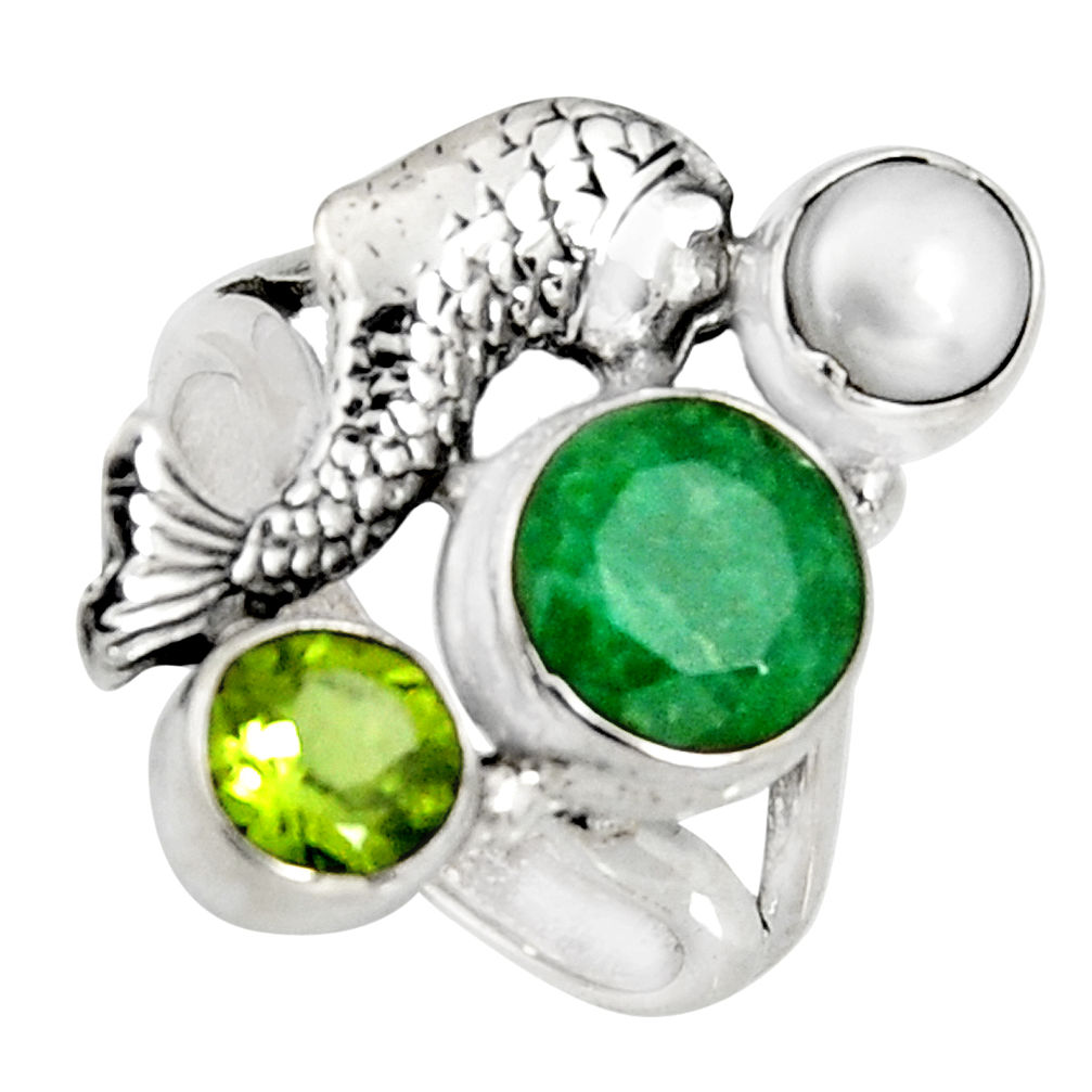 925 silver 5.18cts natural green emerald peridot pearl fish ring size 7.5 r10850