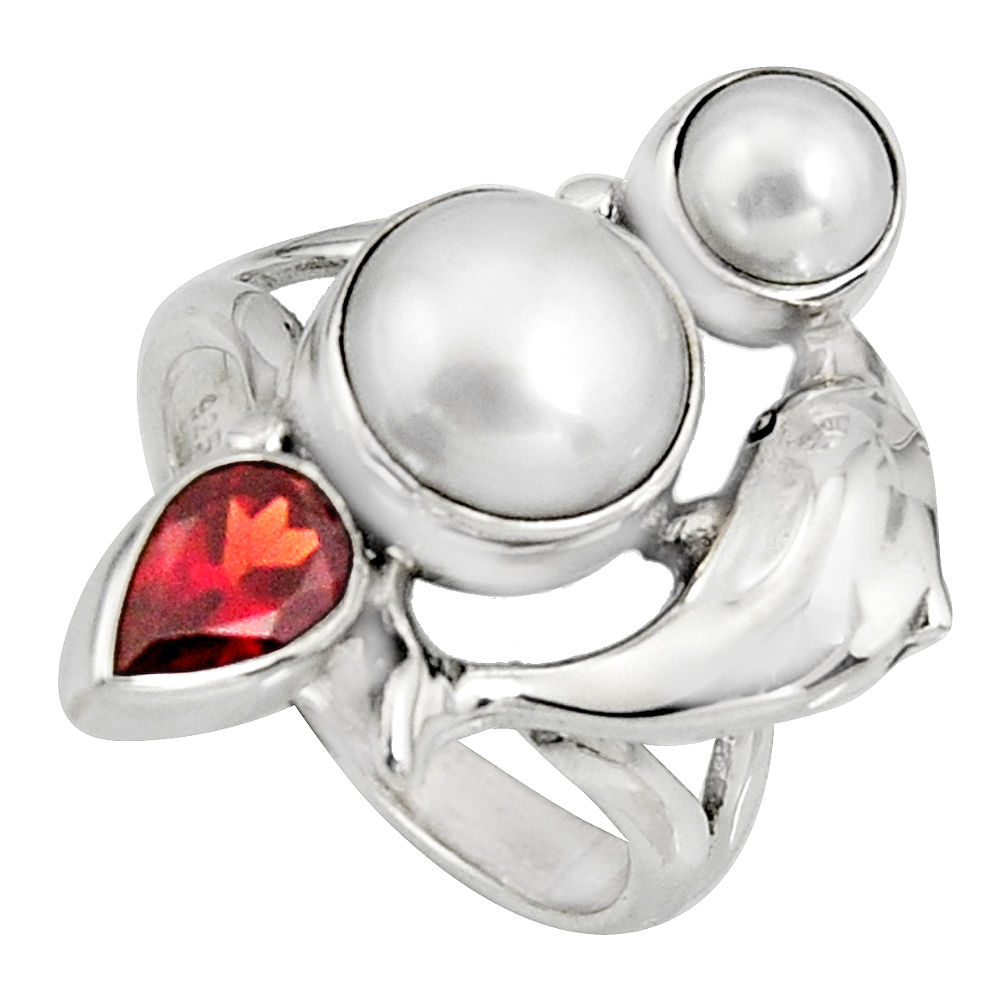 925 silver 6.92cts natural white pearl garnet pearl dolphin ring size 8 r10860