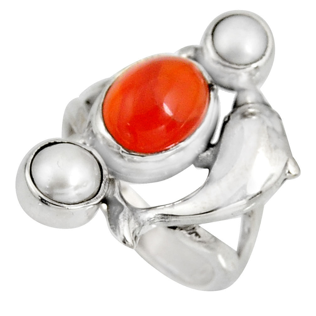 6.53cts natural orange cornelian (carnelian) pearl 925 silver ring size 7 r10862