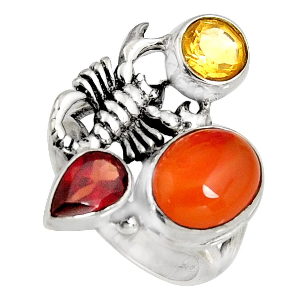 6.63cts natural orange cornelian 925 silver scorpion charm ring size 6 r10863