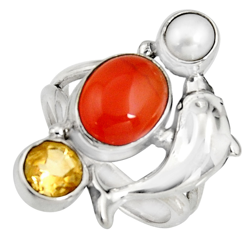 5.81cts natural orange cornelian (carnelian) silver dolphin ring size 7 r10870