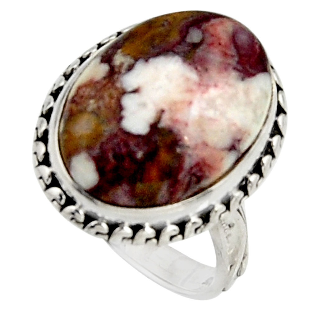 Natural brown peanut petrified wood fossil silver solitaire ring size 7.5 r11566