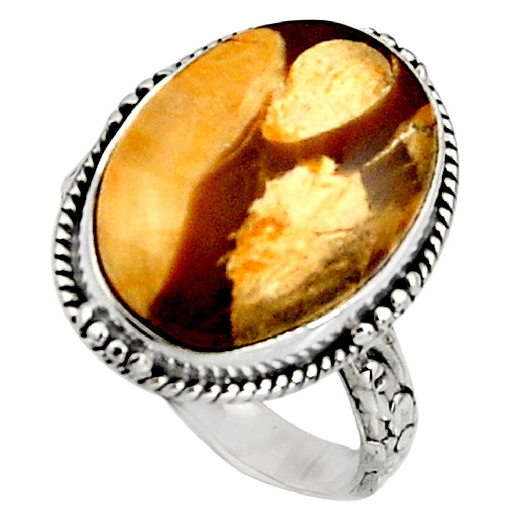 925 silver natural peanut petrified wood fossil solitaire ring size 7.5 r11578