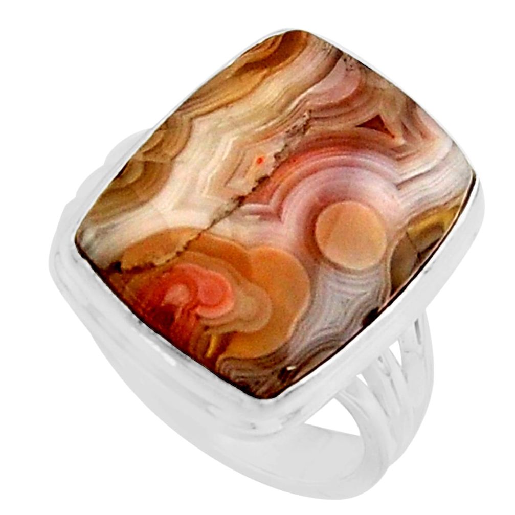 15.33cts natural mexican laguna lace agate silver solitaire ring size 8.5 r11617